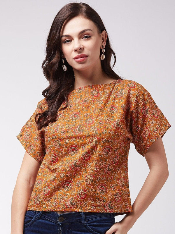 Women's Dark Mustard Floral Print Top - InWeave - Indiakreations