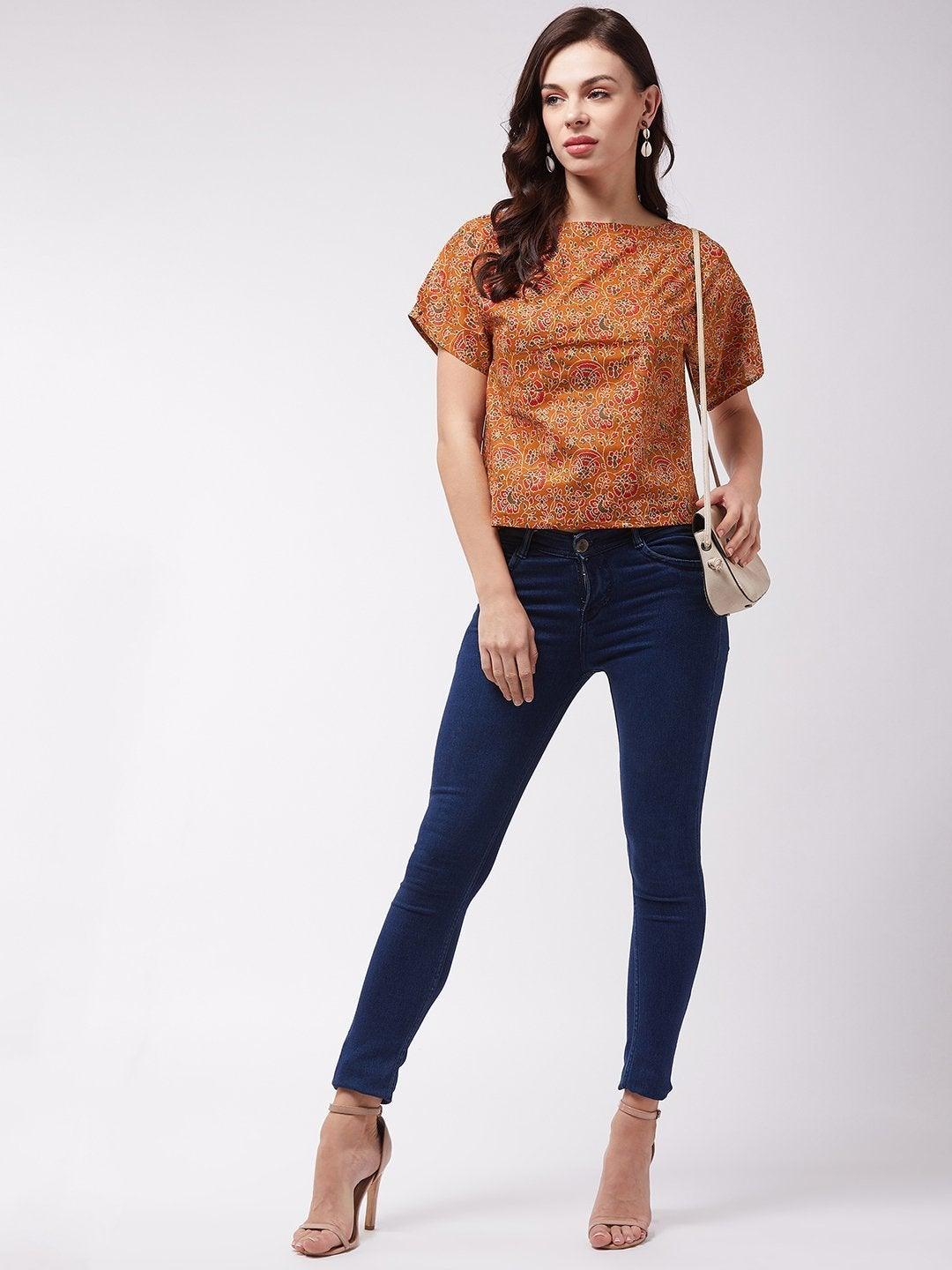 Women's Dark Mustard Floral Print Top - InWeave - Indiakreations