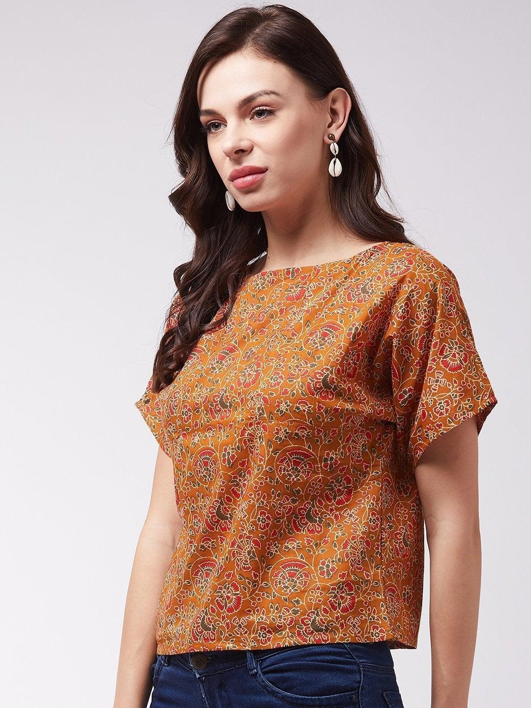 Women's Dark Mustard Floral Print Top - InWeave - Indiakreations