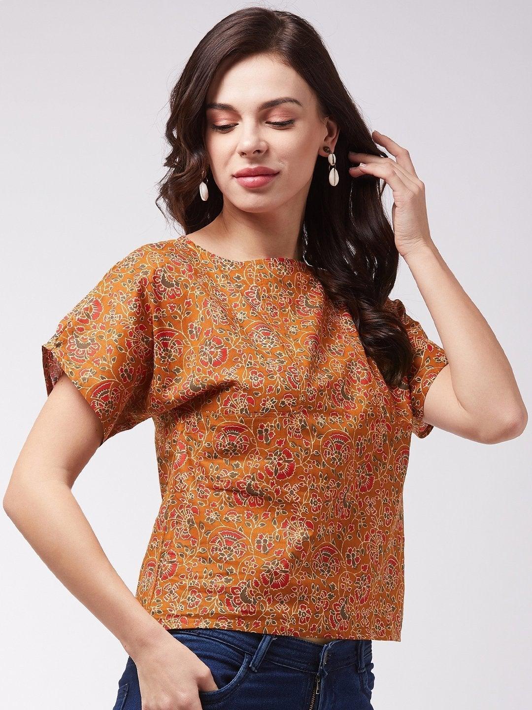 Women's Dark Mustard Floral Print Top - InWeave - Indiakreations