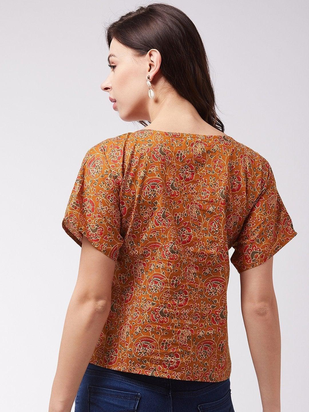 Women's Dark Mustard Floral Print Top - InWeave - Indiakreations