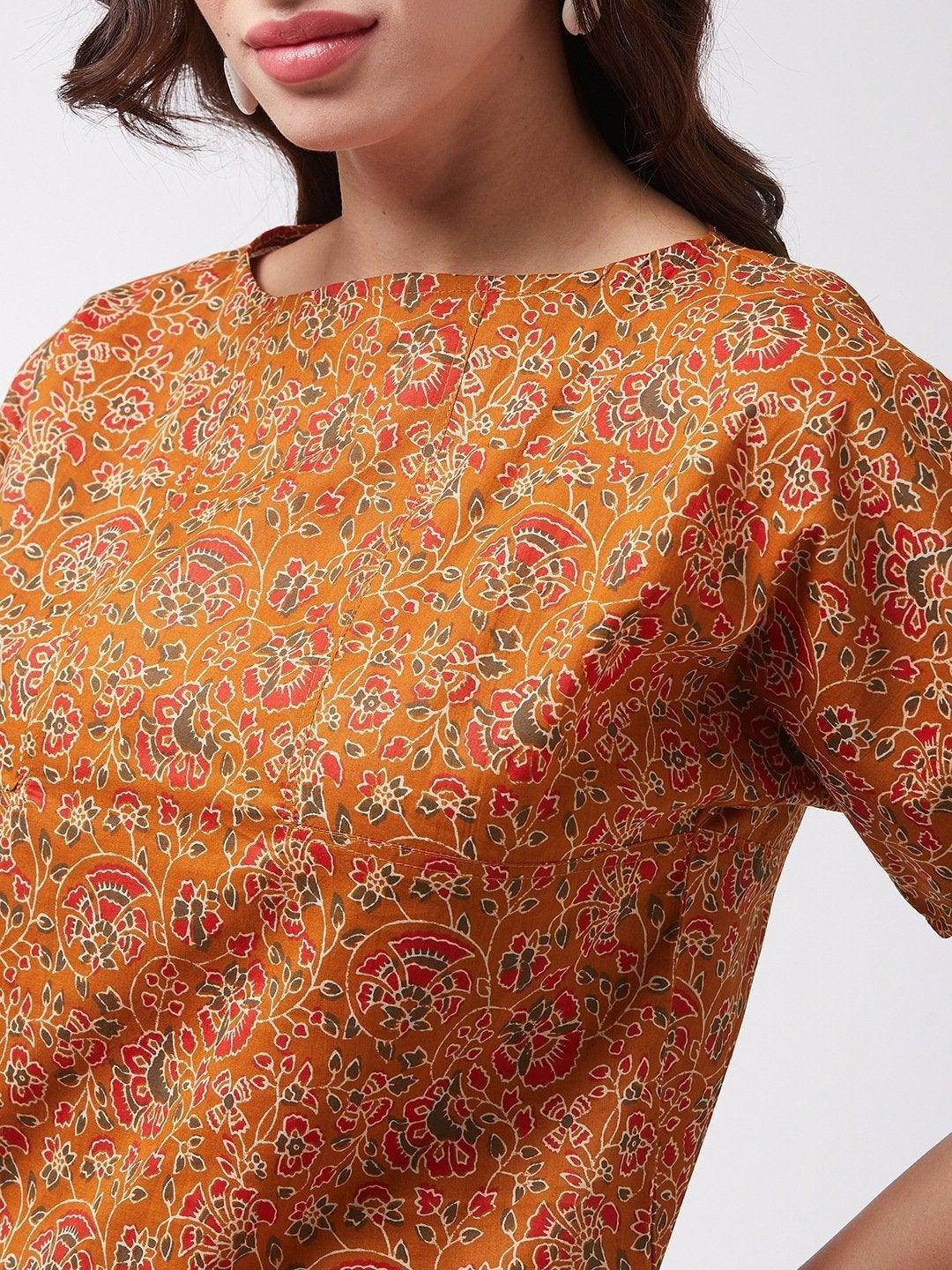 Women's Dark Mustard Floral Print Top - InWeave - Indiakreations