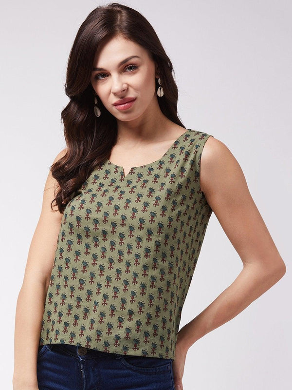 Women's Dark Green Floral Sleveless Top - InWeave - Indiakreations