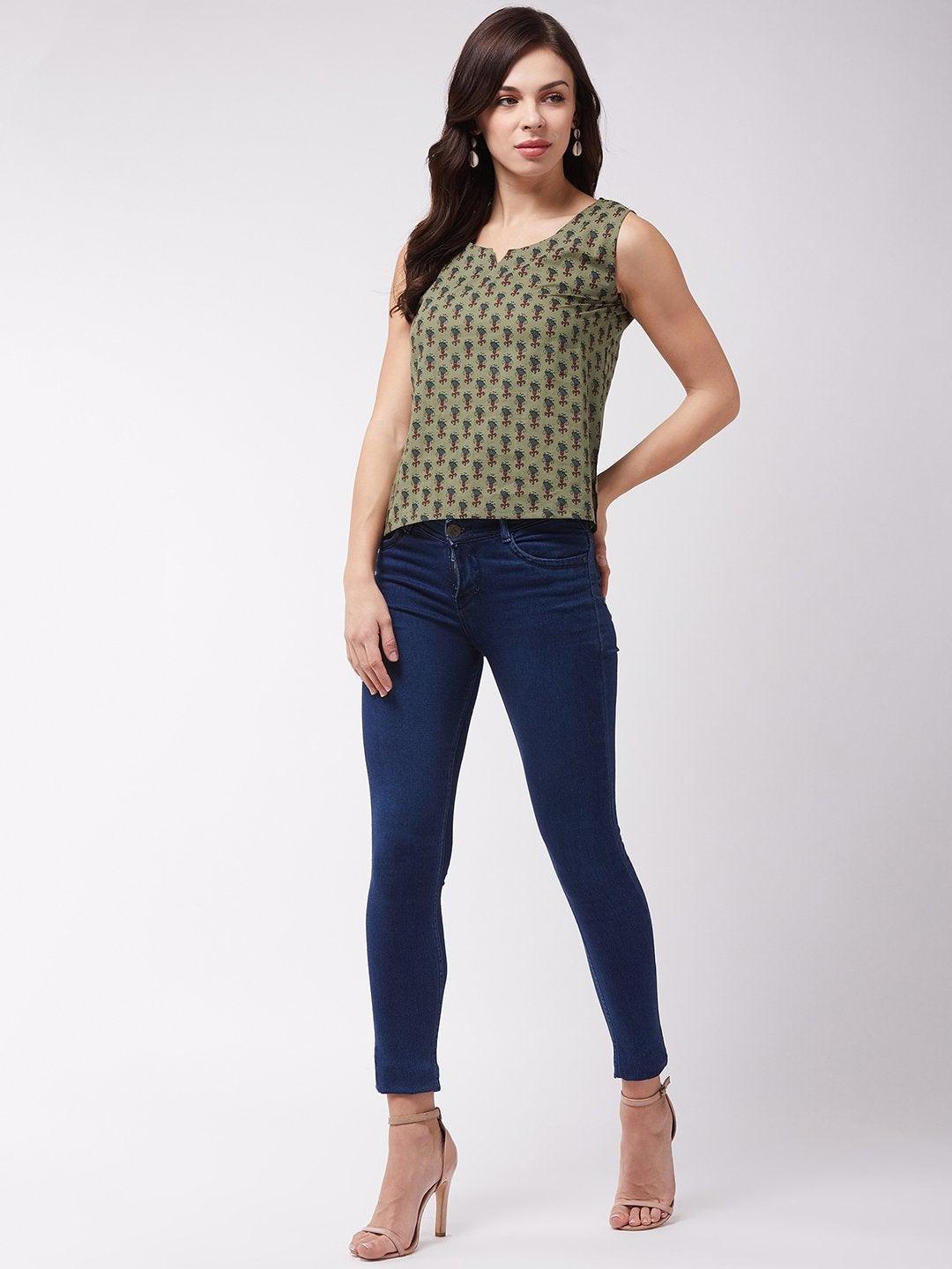 Women's Dark Green Floral Sleveless Top - InWeave - Indiakreations