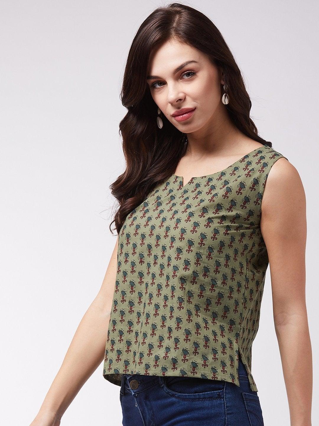 Women's Dark Green Floral Sleveless Top - InWeave - Indiakreations