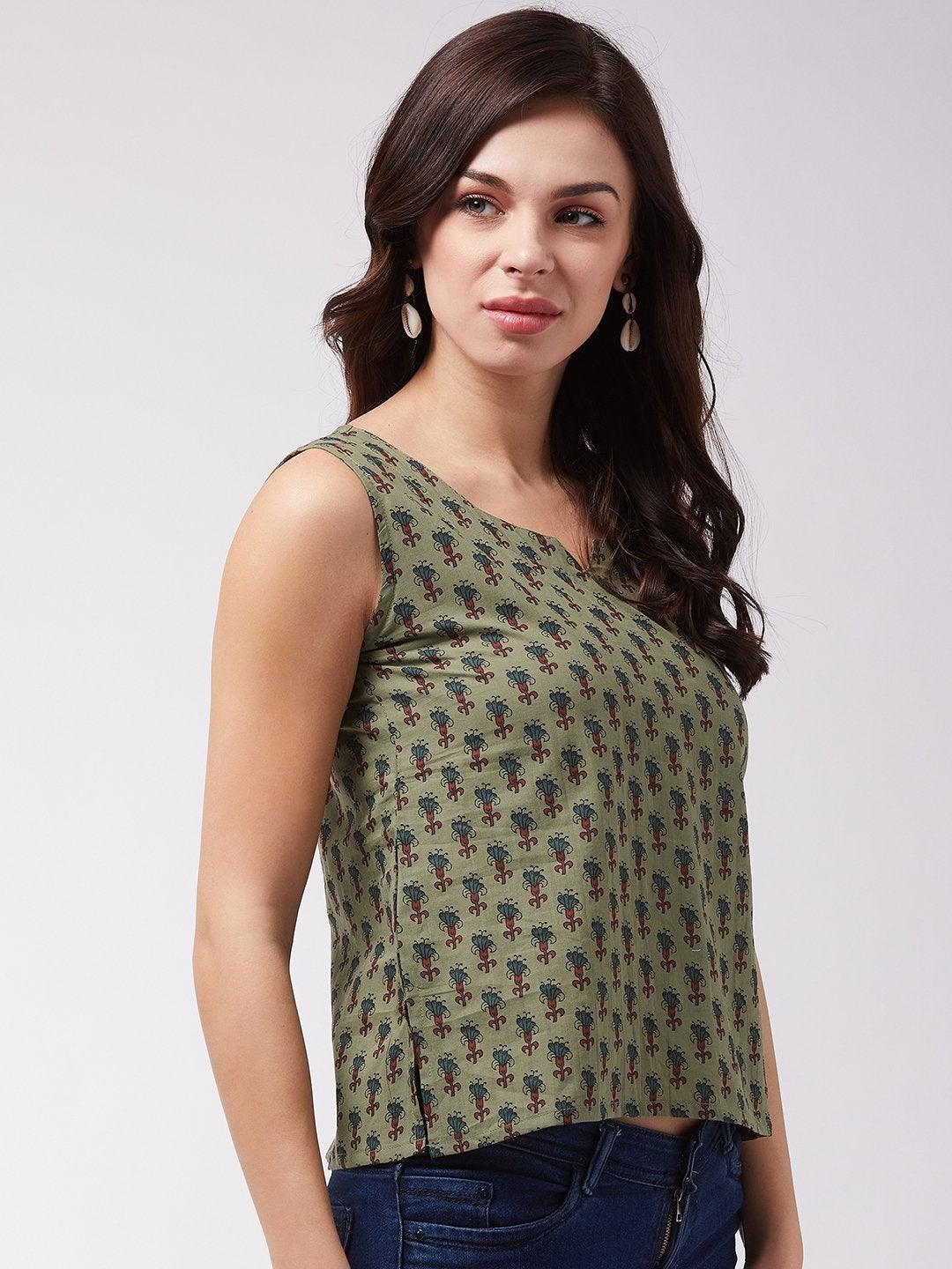 Women's Dark Green Floral Sleveless Top - InWeave - Indiakreations