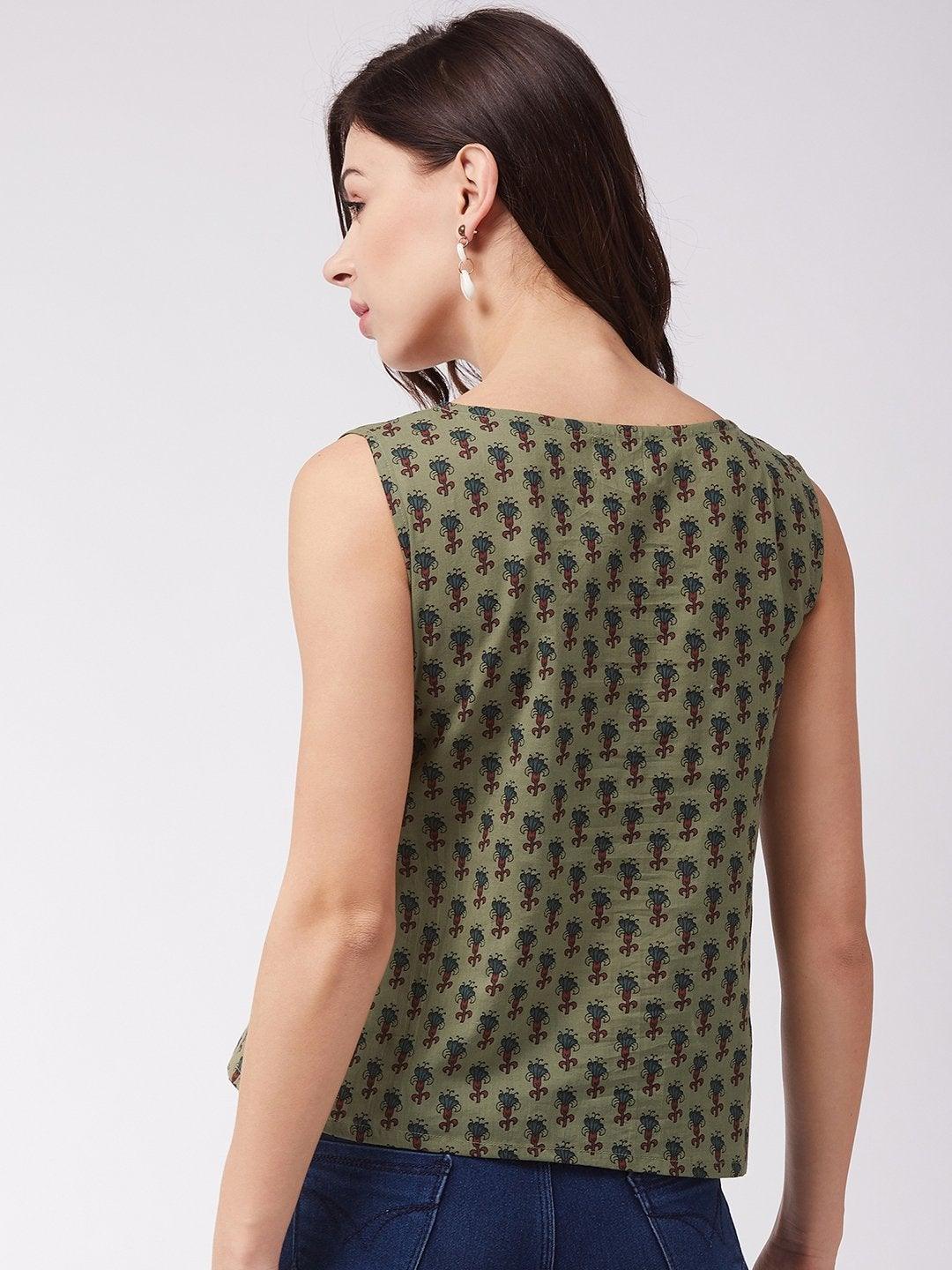 Women's Dark Green Floral Sleveless Top - InWeave - Indiakreations