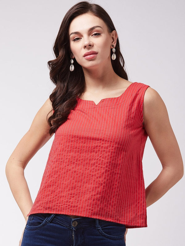 Women's Red Kantha Sleveless Top - InWeave