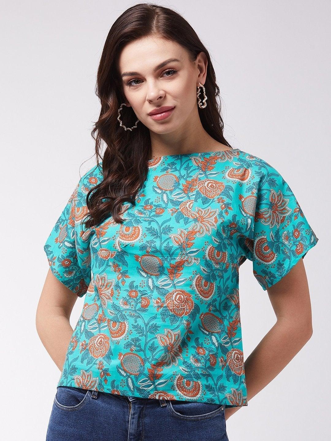 Women's Turquoise Orange Print Top - InWeave - Indiakreations