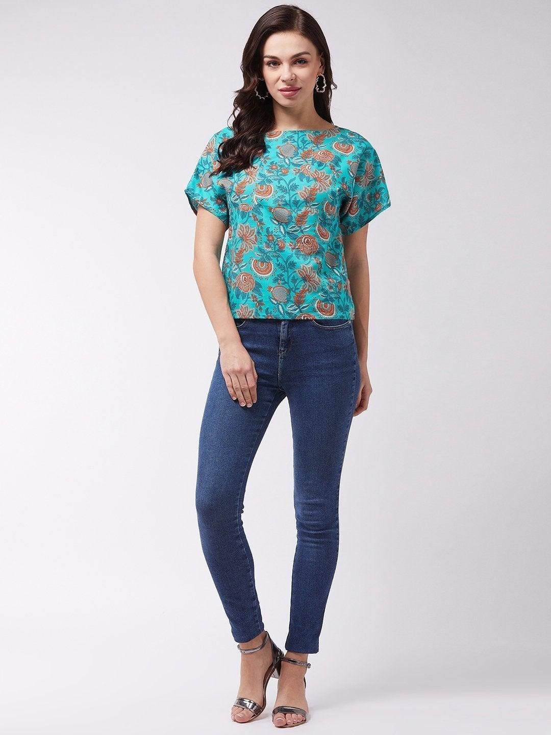 Women's Turquoise Orange Print Top - InWeave - Indiakreations