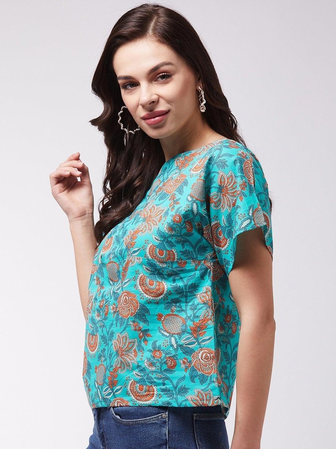 Women's Turquoise Orange Print Top - InWeave - Indiakreations