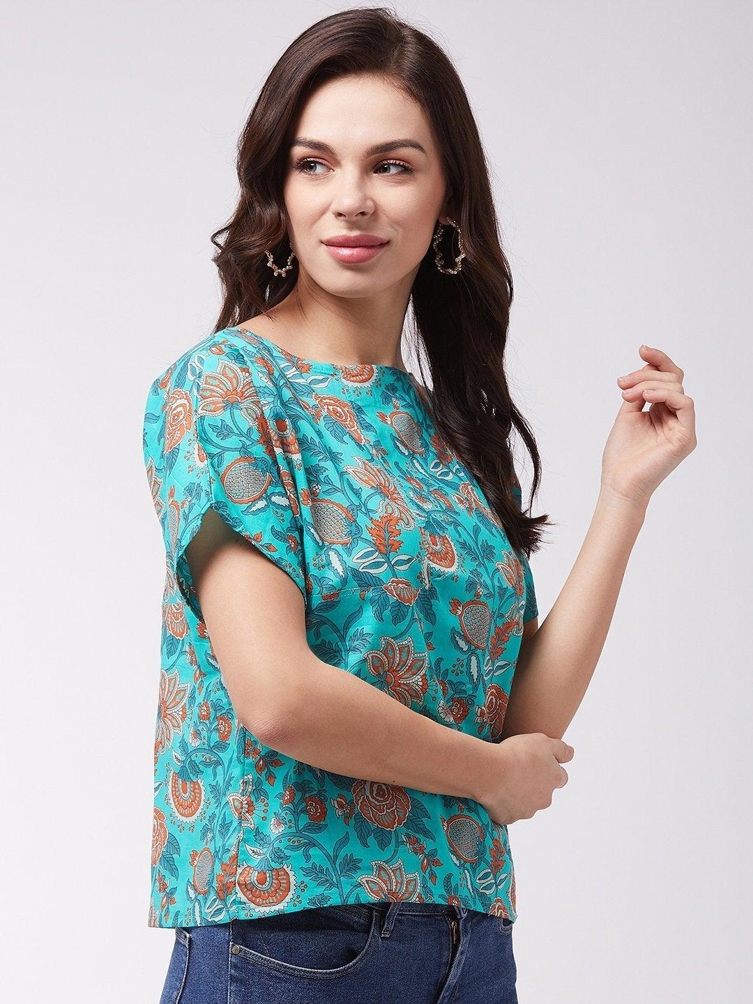 Women's Turquoise Orange Print Top - InWeave - Indiakreations