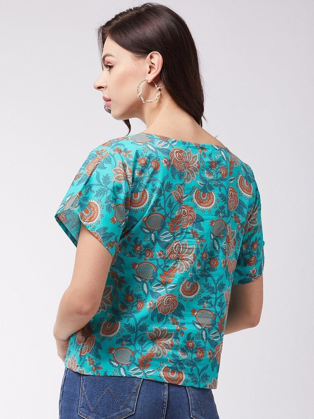 Women's Turquoise Orange Print Top - InWeave - Indiakreations