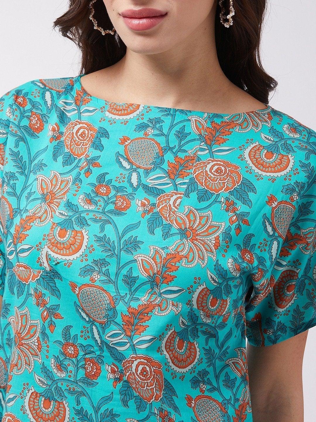 Women's Turquoise Orange Print Top - InWeave - Indiakreations