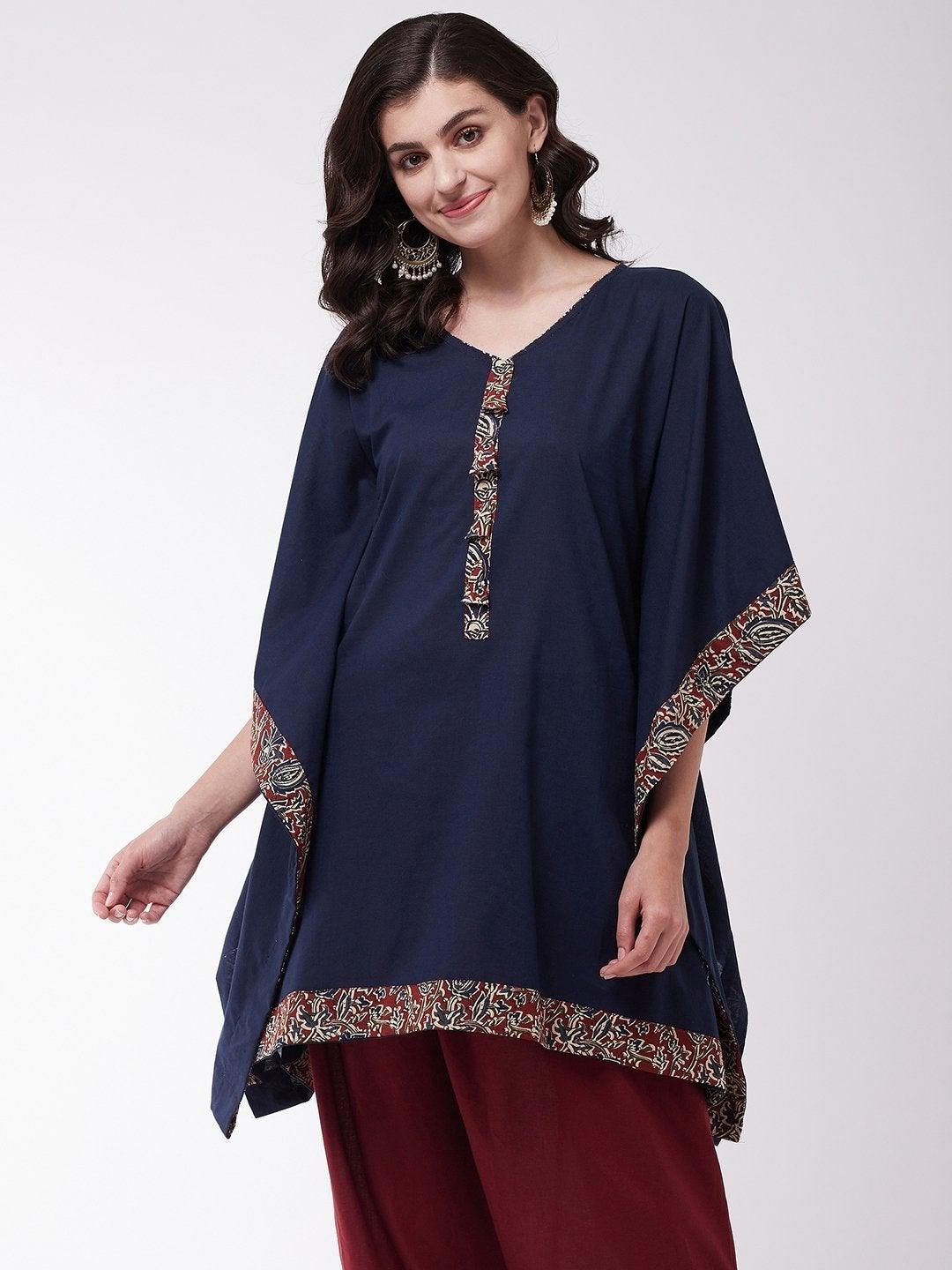 Women's Navy Blue Kalamkari Border Kaftan Tunic - InWeave - Indiakreations