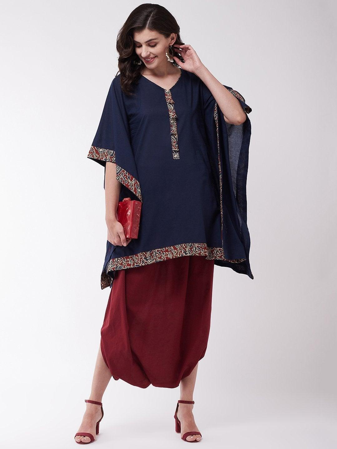 Women's Navy Blue Kalamkari Border Kaftan Tunic - InWeave - Indiakreations