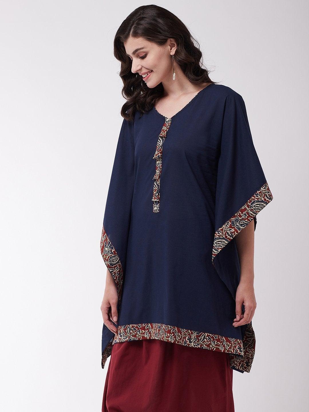 Women's Navy Blue Kalamkari Border Kaftan Tunic - InWeave - Indiakreations