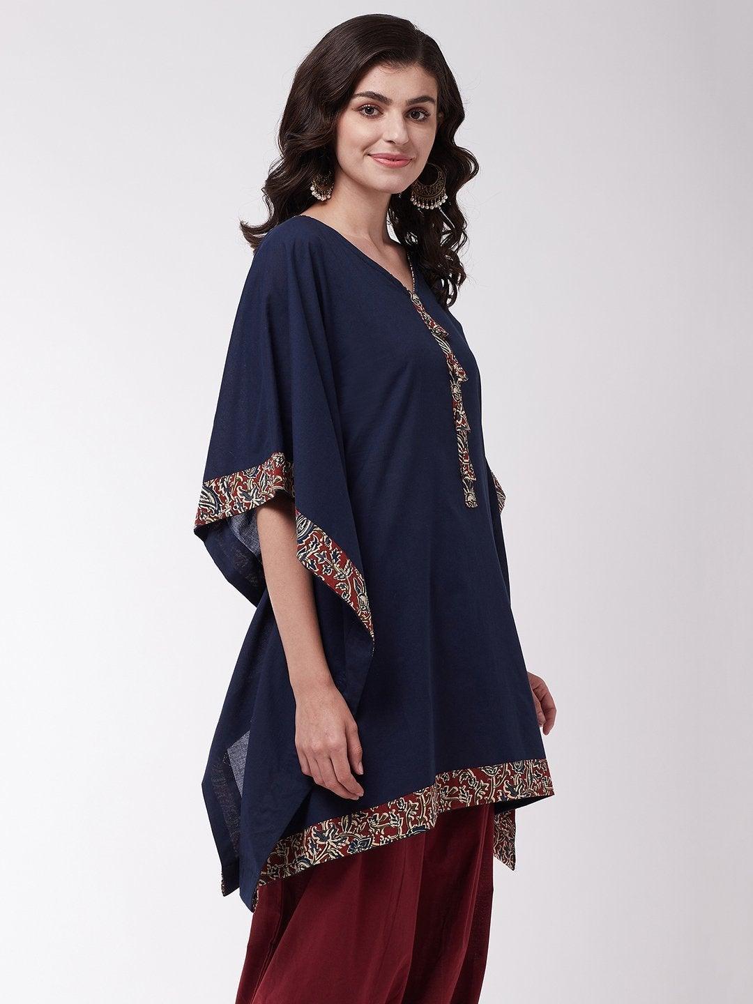 Women's Navy Blue Kalamkari Border Kaftan Tunic - InWeave - Indiakreations