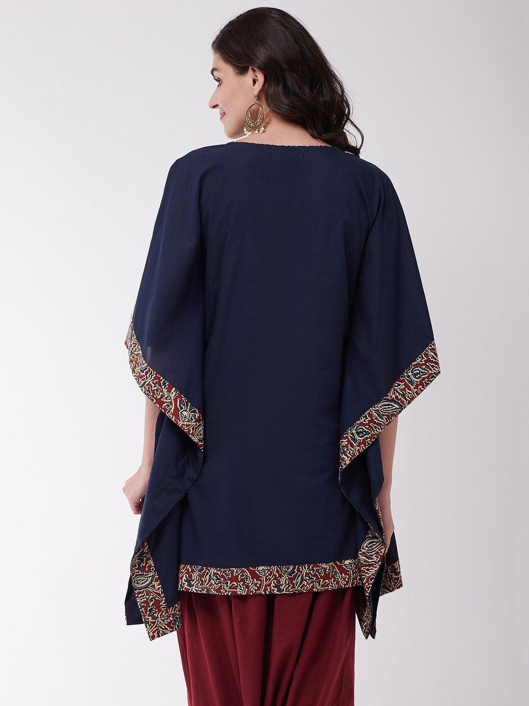 Women's Navy Blue Kalamkari Border Kaftan Tunic - InWeave - Indiakreations