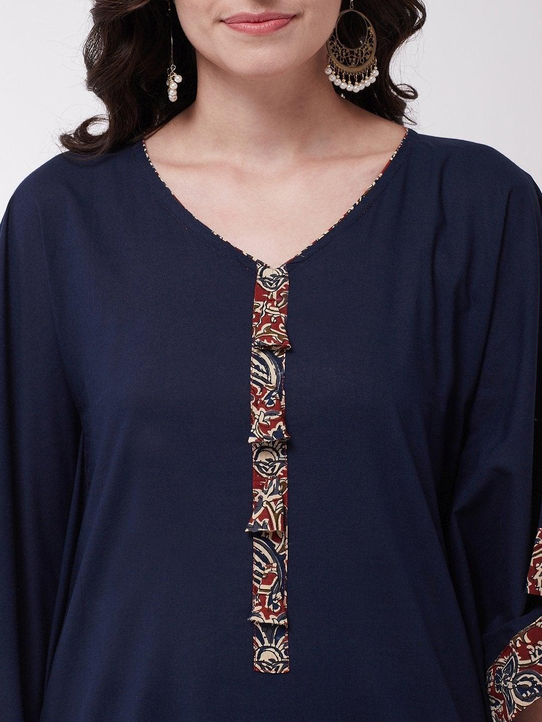 Women's Navy Blue Kalamkari Border Kaftan Tunic - InWeave - Indiakreations