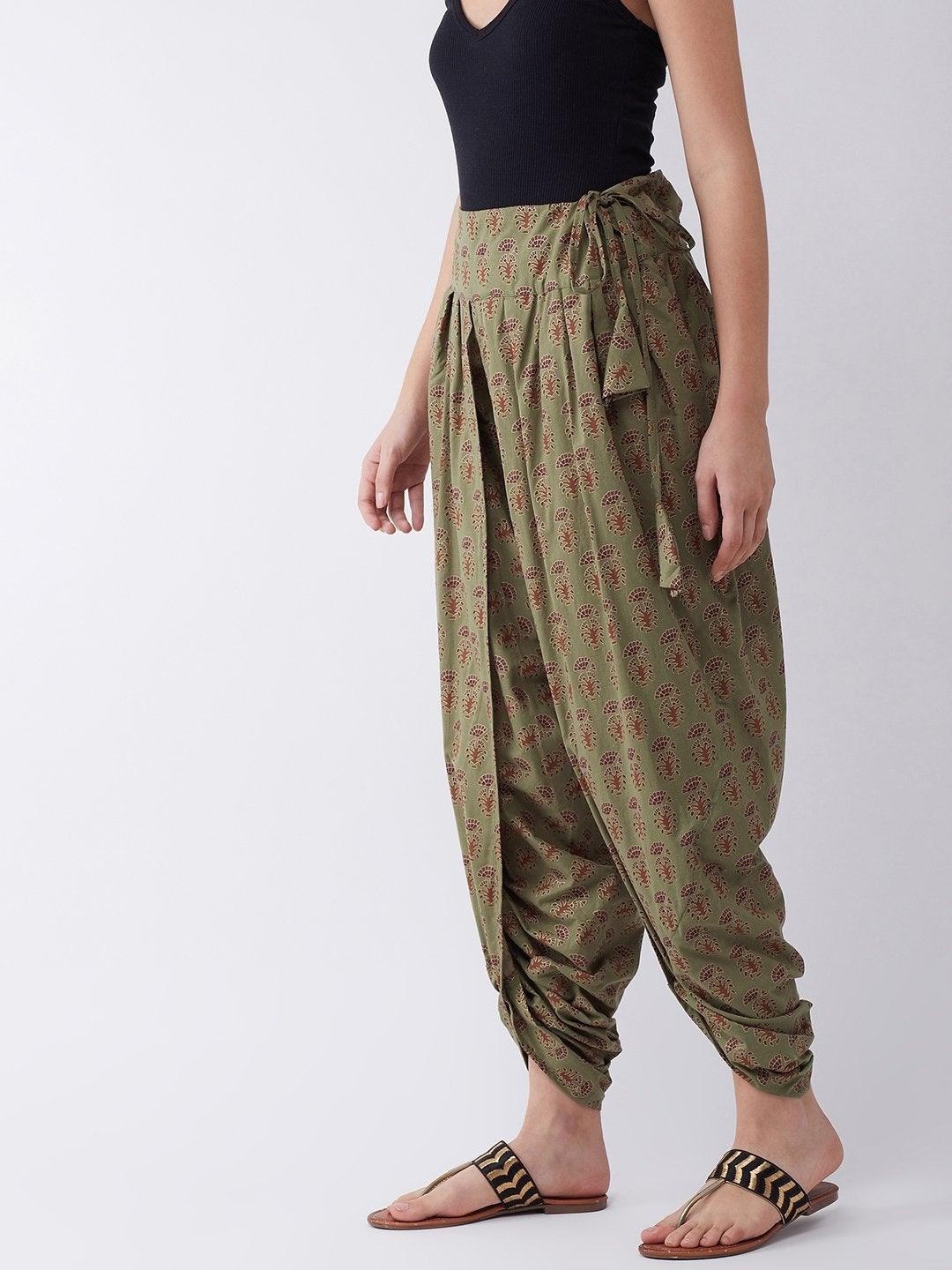 Women's Green Dhoti With Ethnic Motifs - InWeave - Indiakreations