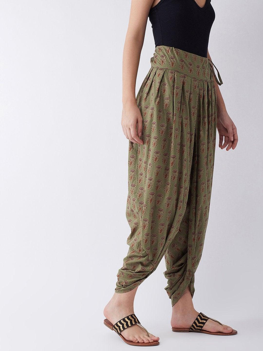 Women's Green Dhoti With Ethnic Motifs - InWeave - Indiakreations