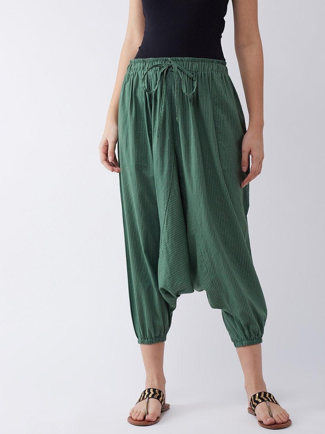 Women's Green Kantha Harem Pant - InWeave - Indiakreations