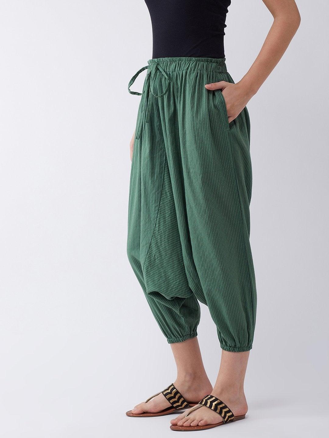 Women's Green Kantha Harem Pant - InWeave - Indiakreations