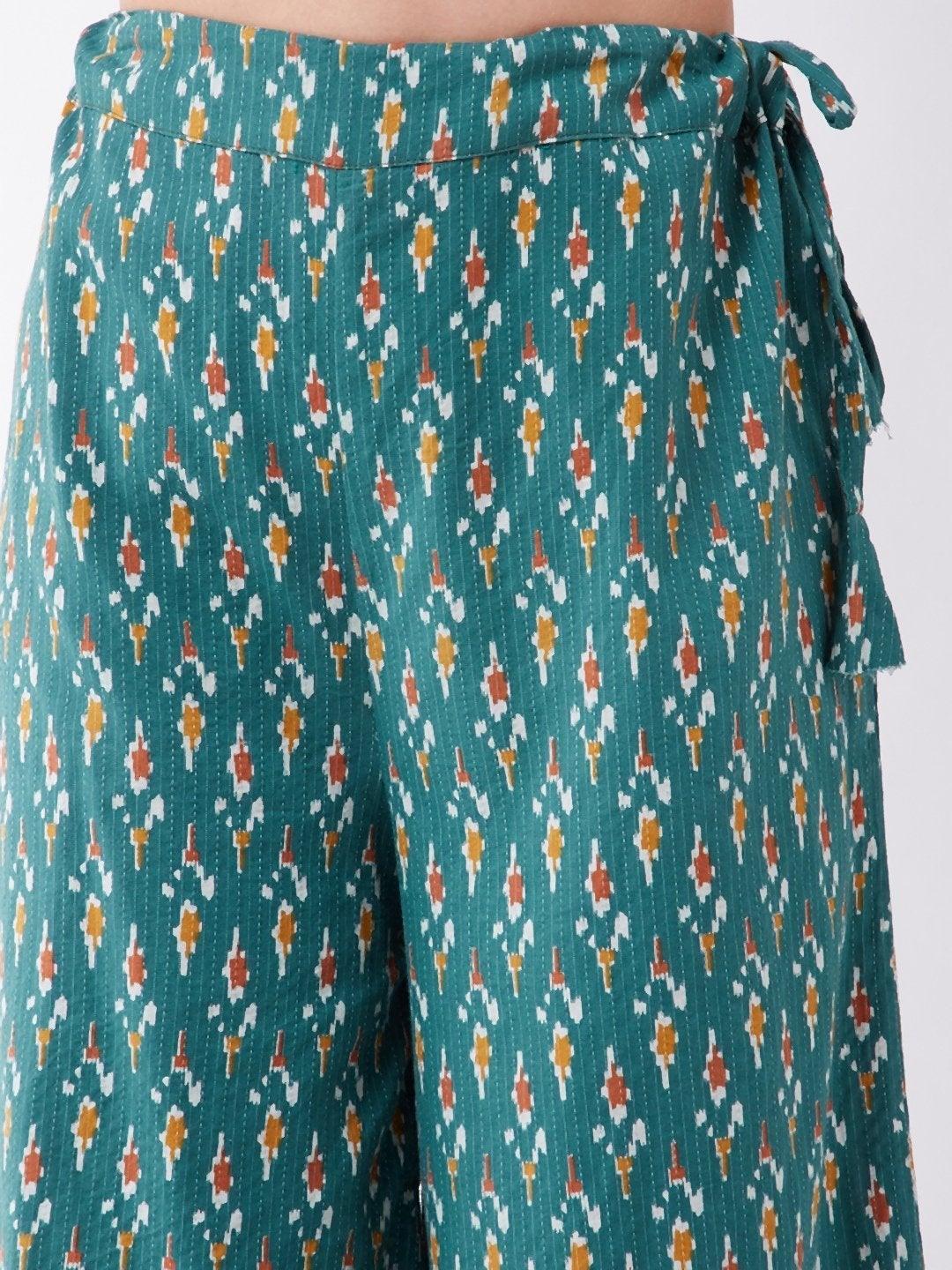 Women's Green Kantha Ikkat Palazzo - InWeave - Indiakreations