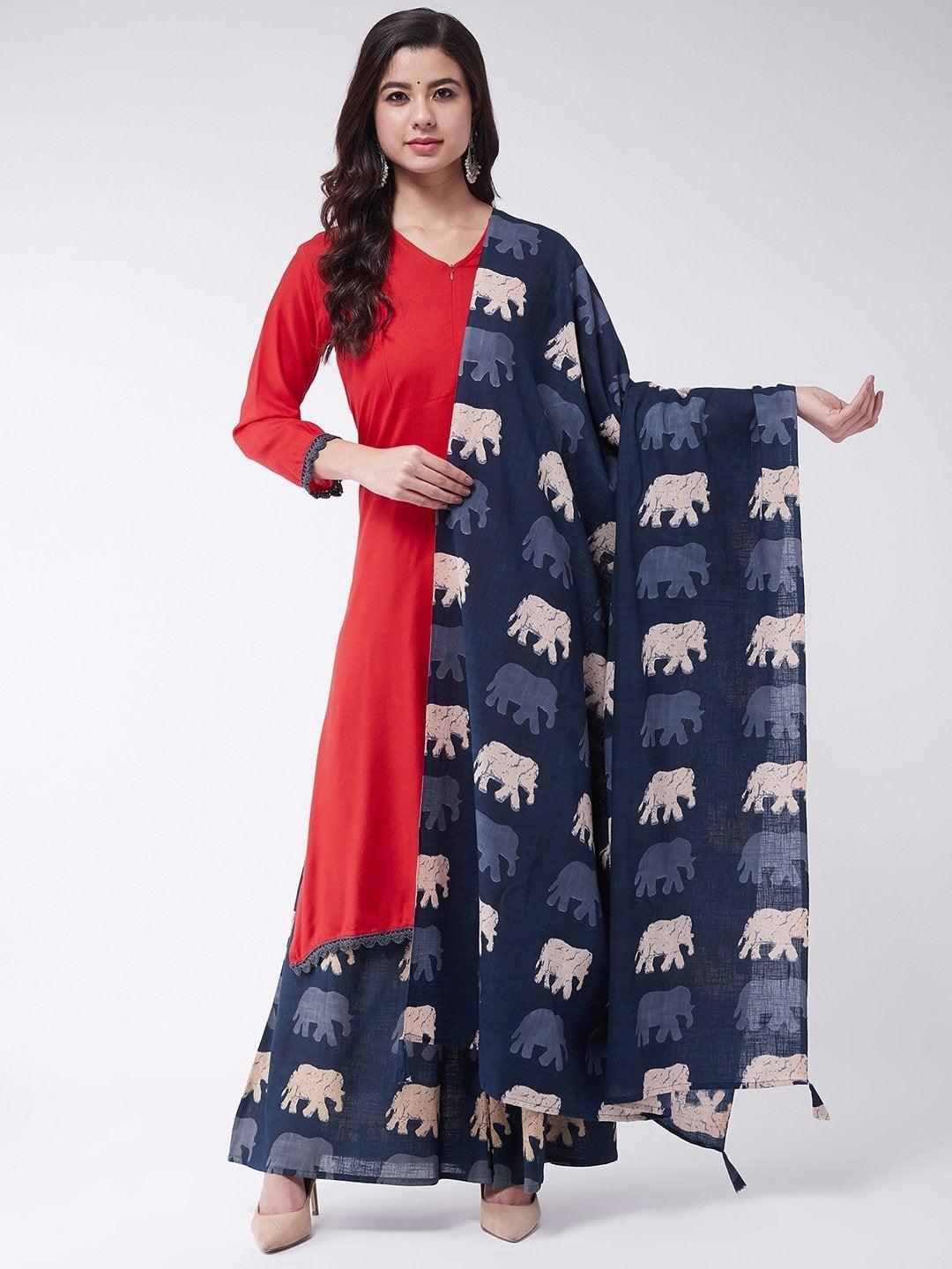 Women's Blue Elephant Dupatta - InWeave - Indiakreations