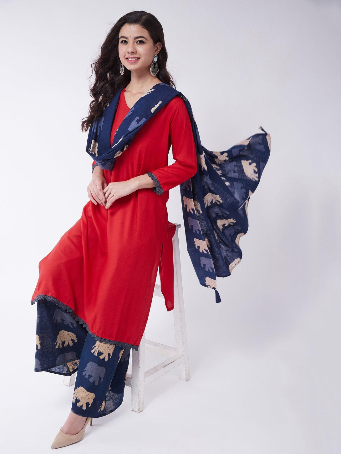 Women's Blue Elephant Dupatta - InWeave - Indiakreations