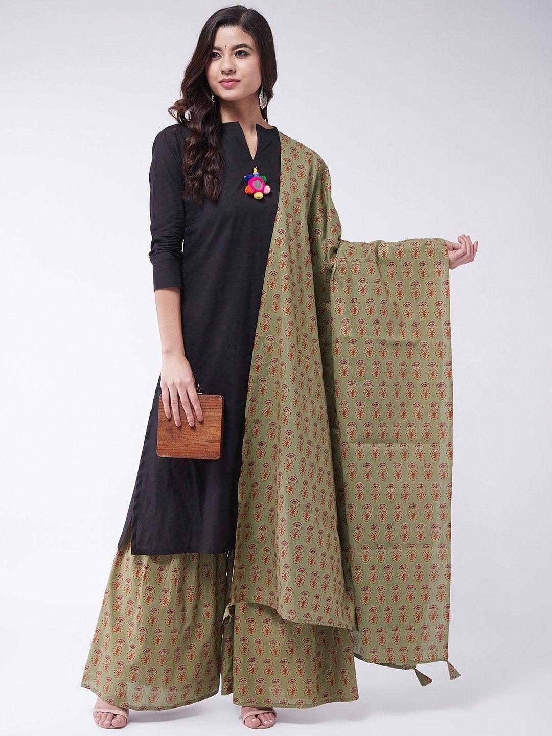 Women's Green Dupatta With Ethnic Motifs - InWeave - Indiakreations