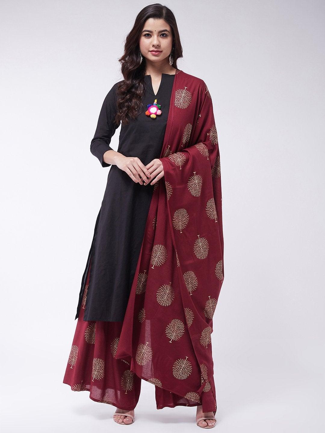 Women's Maroon Gold Work Dupatta - InWeave - Indiakreations