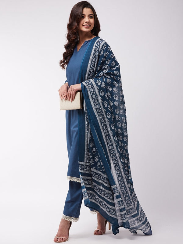 Women's Blue Floral Cotton Dupattas - InWeave