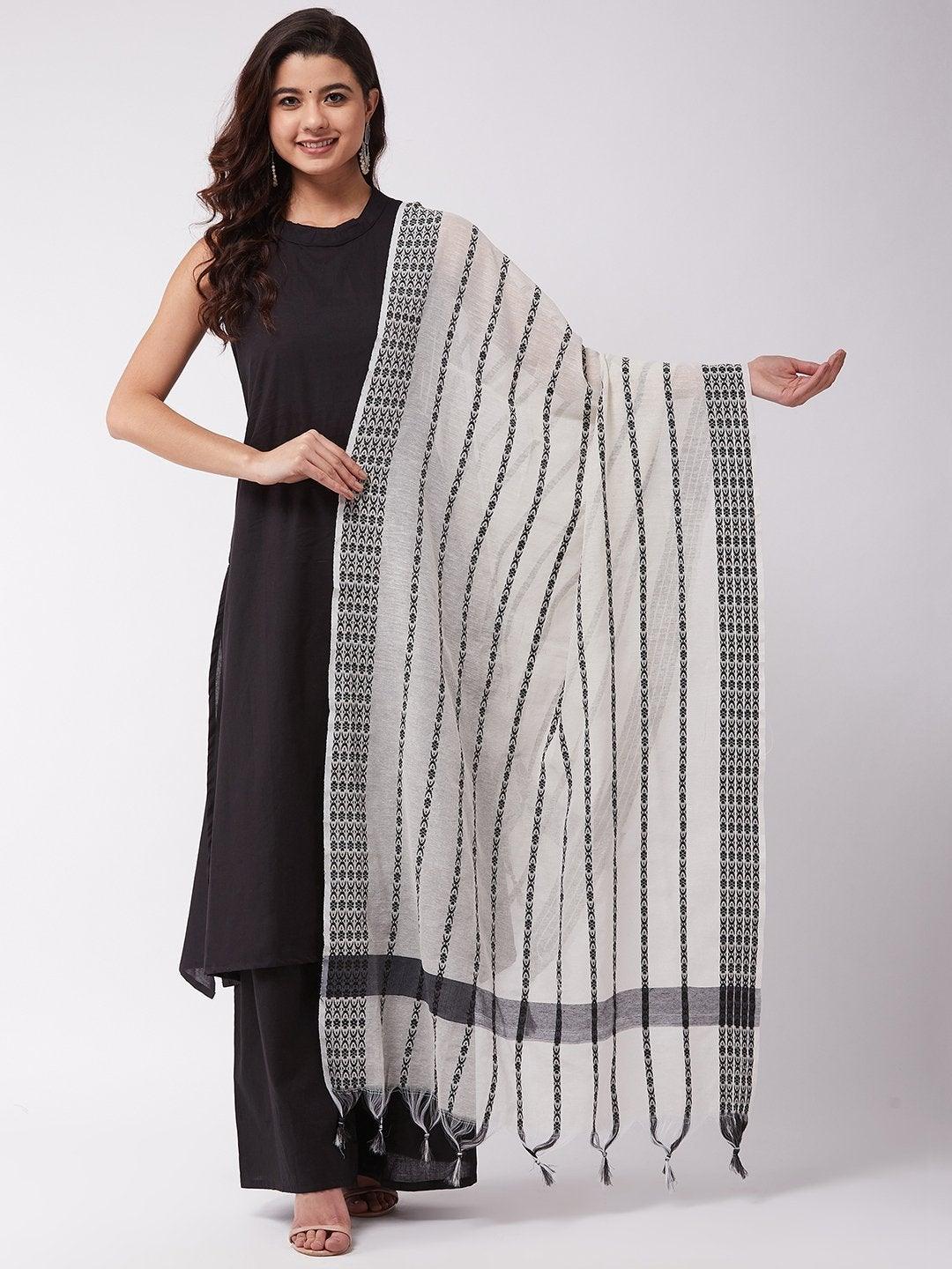 Women's White Dupatta With Black Thread Work - InWeave - Indiakreations