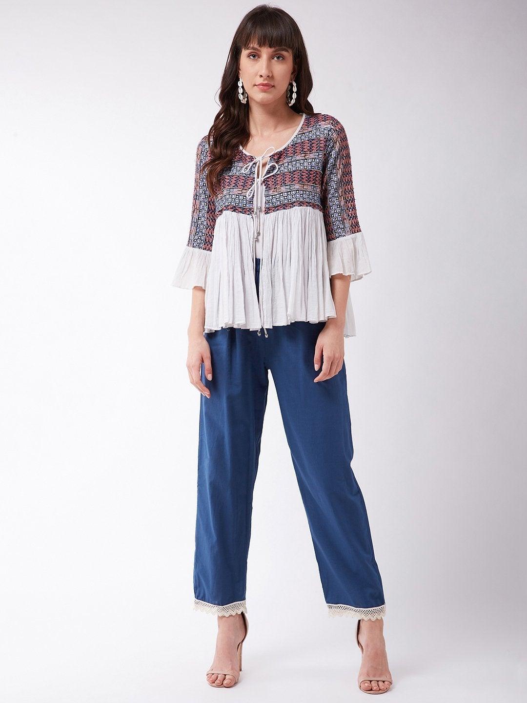 Women's Indigo Pant With White Lace - InWeave - Indiakreations