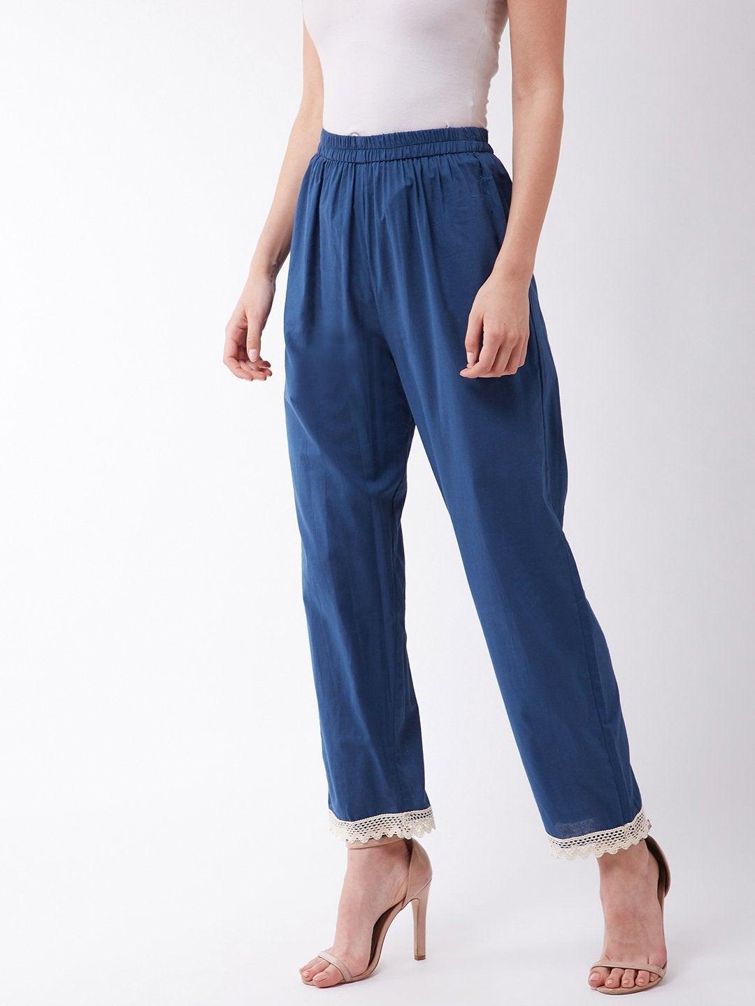 Women's Indigo Pant With White Lace - InWeave - Indiakreations