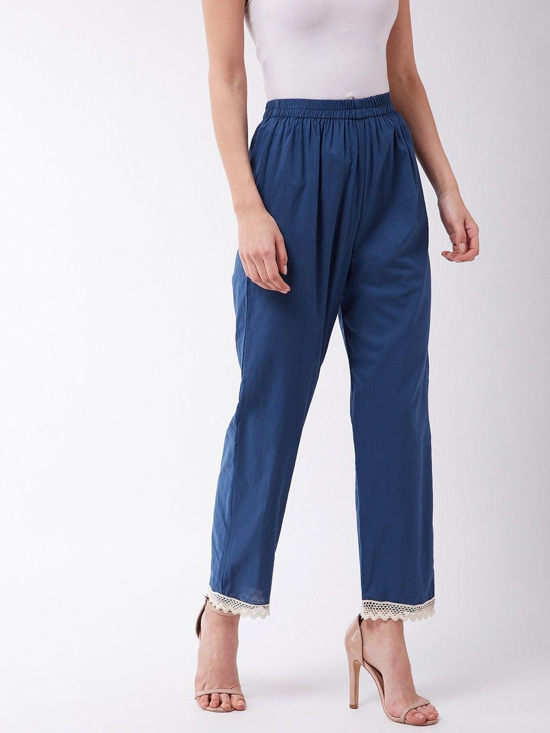 Women's Indigo Pant With White Lace - InWeave - Indiakreations