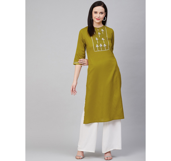 Women's  Olive Green Yoke Design Straight Kurta - Wahe-NOOR