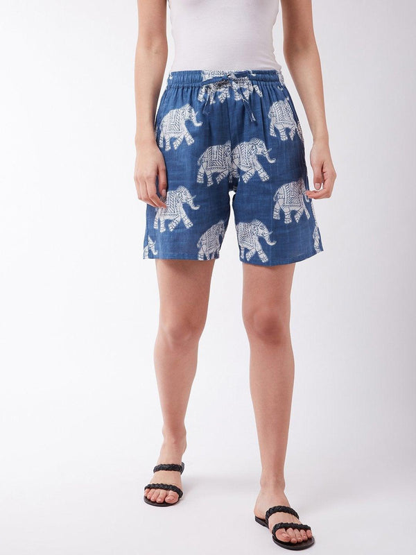 Women's Light Blue Elephant Shorts - InWeave - Indiakreations