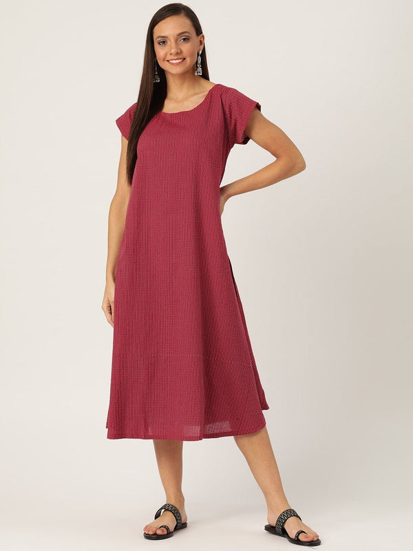 Women's Maroon Kantha A Line Dress - InWeave