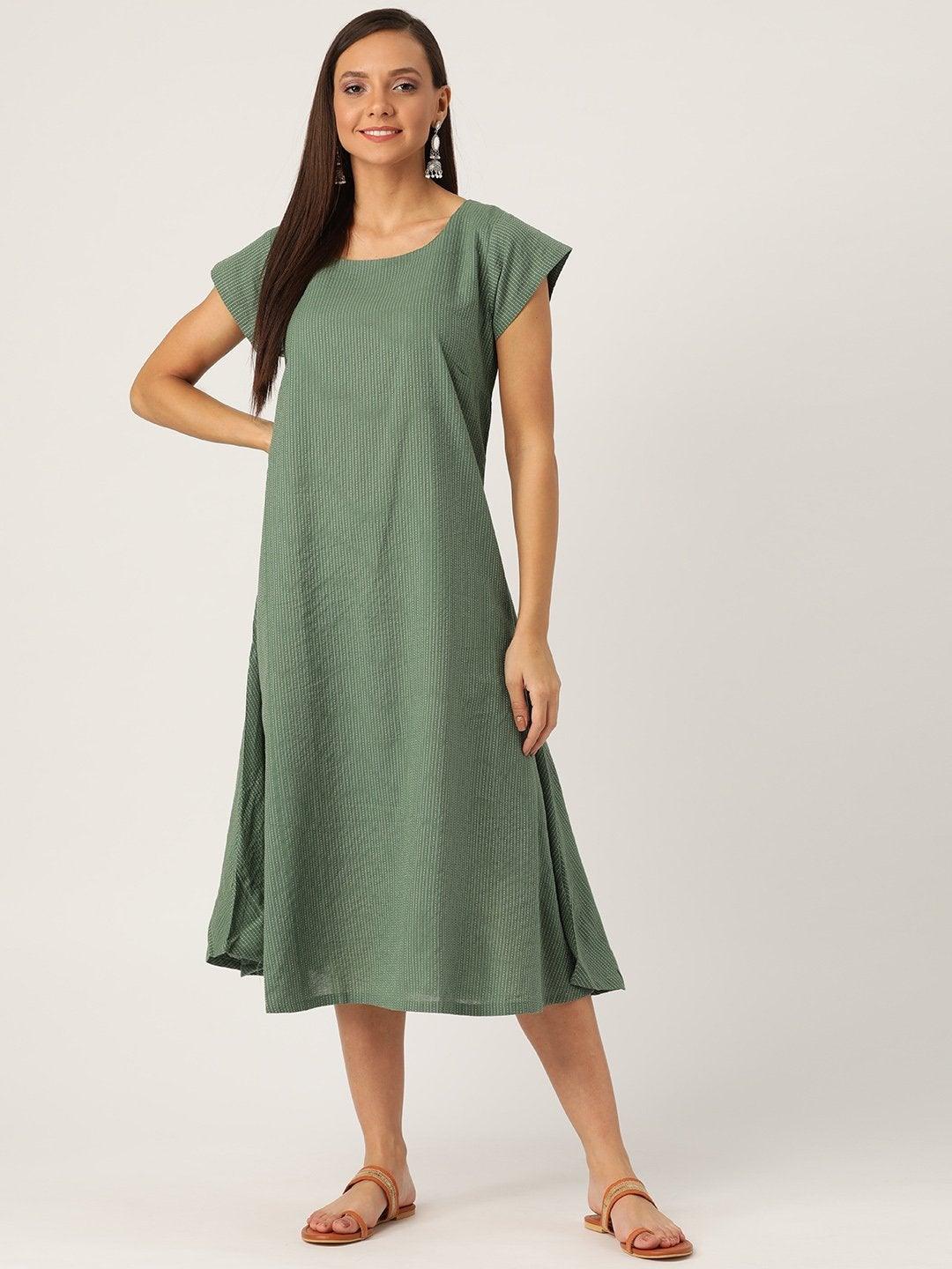 Women's Dark Green Kantha A Line Dress - InWeave - Indiakreations