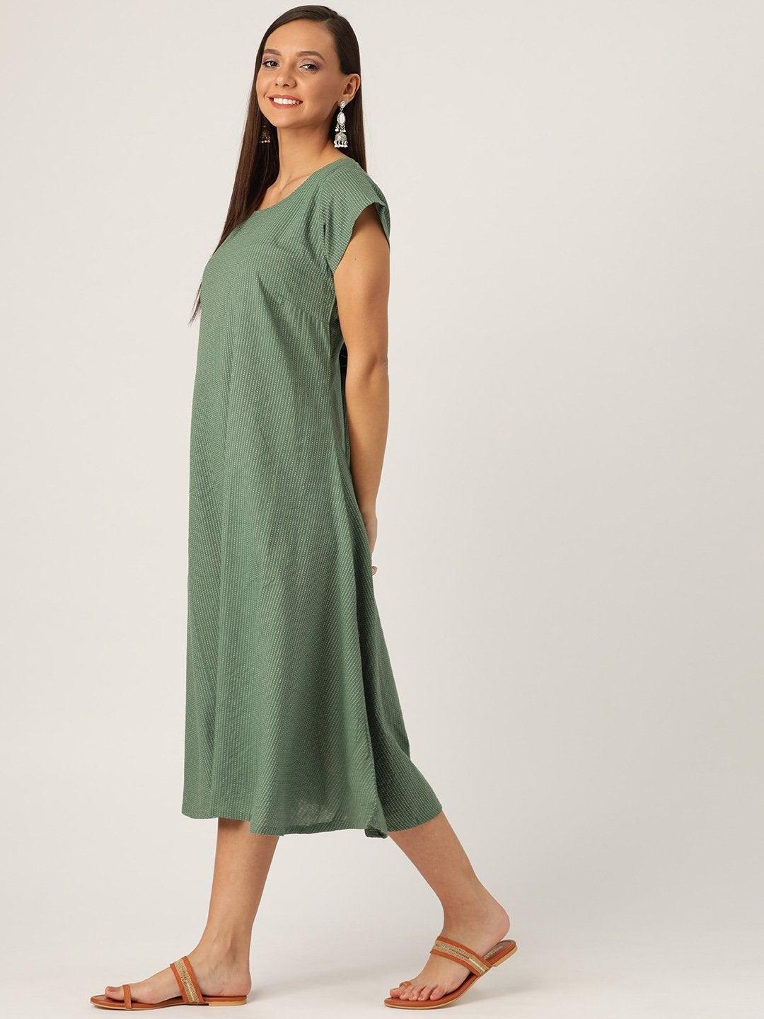 Women's Dark Green Kantha A Line Dress - InWeave - Indiakreations