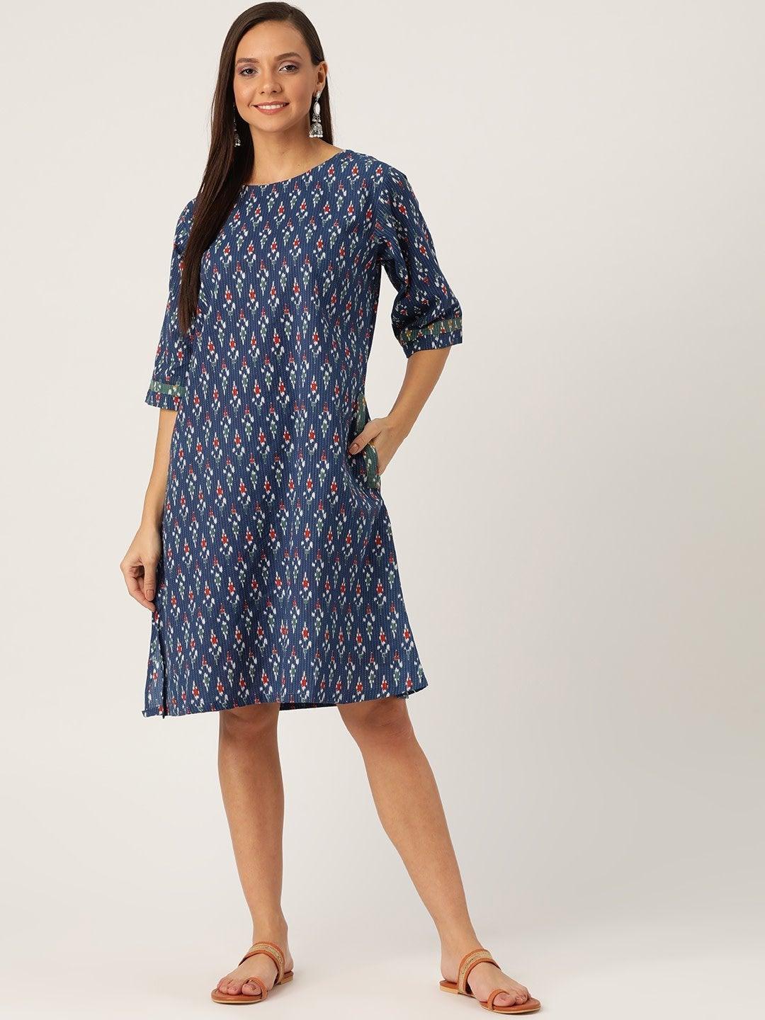 Women's Blue Kantha Ikkat Dress - InWeave - Indiakreations