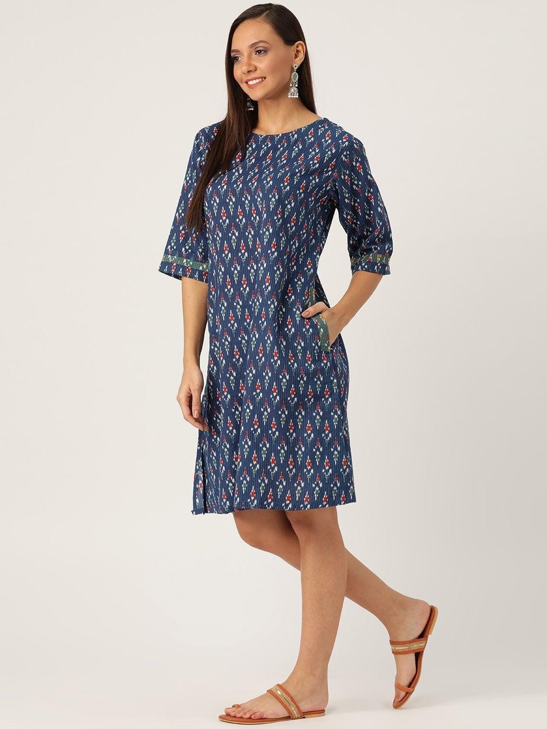 Women's Blue Kantha Ikkat Dress - InWeave - Indiakreations