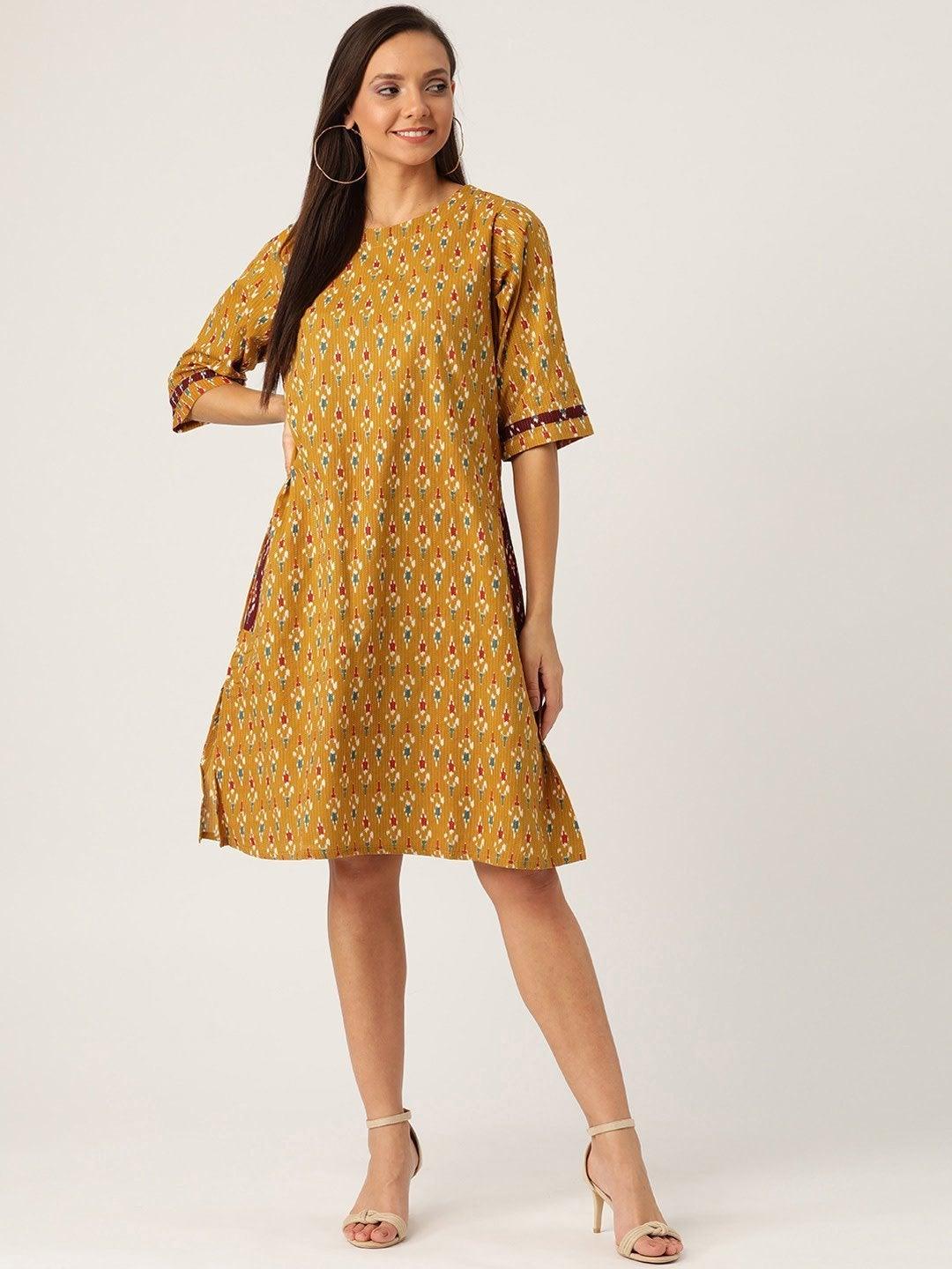 Women's Mustard Kantha Ikkat Dress - InWeave - Indiakreations