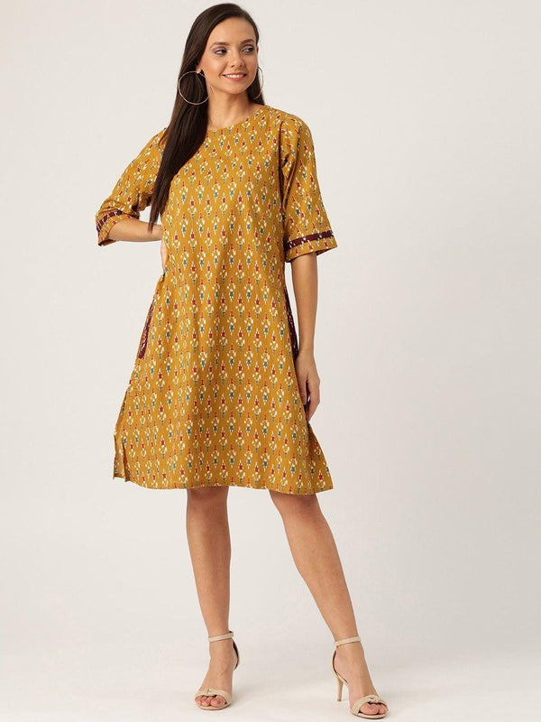 Women's Mustard Kantha Ikkat Dress - InWeave - Indiakreations