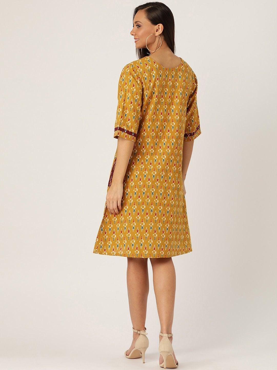 Women's Mustard Kantha Ikkat Dress - InWeave - Indiakreations