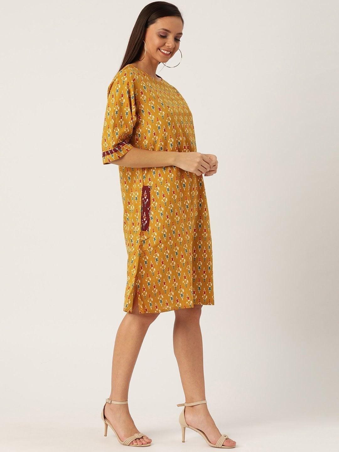 Women's Mustard Kantha Ikkat Dress - InWeave - Indiakreations