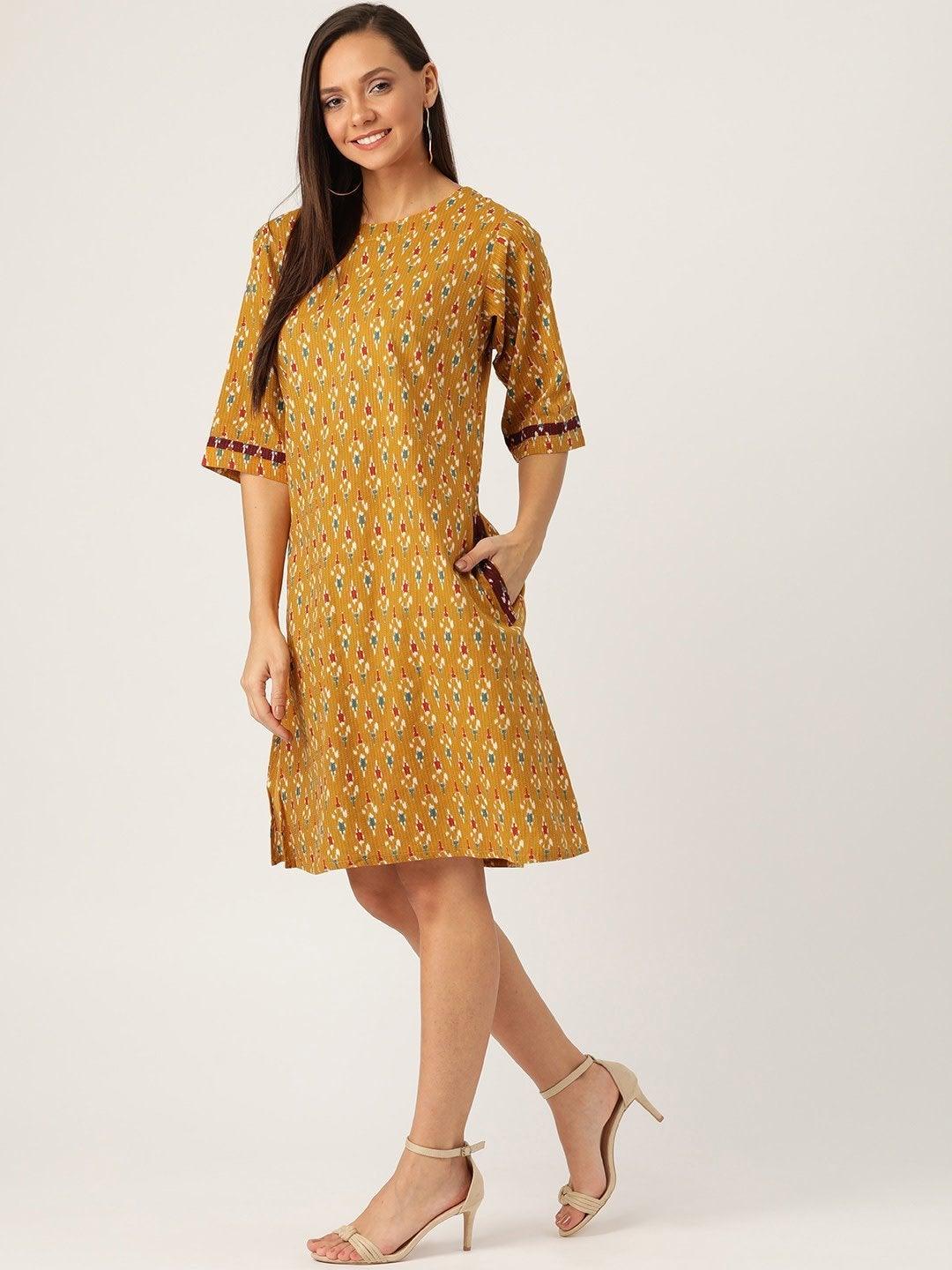 Women's Mustard Kantha Ikkat Dress - InWeave - Indiakreations